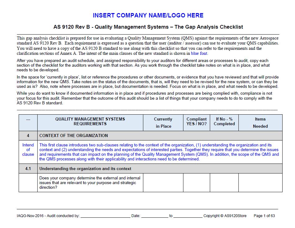 AS9120 Rev B Gap Analysis Checklist - AS9100 Store